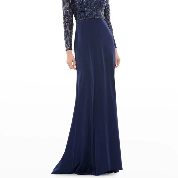 Mac Duggal Midnight Blue V-Neck Long Sleeve Empire Waist Gown - Picture 2 of 5